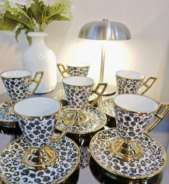 6 Kişilik Leopar Desenli  Türk Kahvesi Fincan Takımı