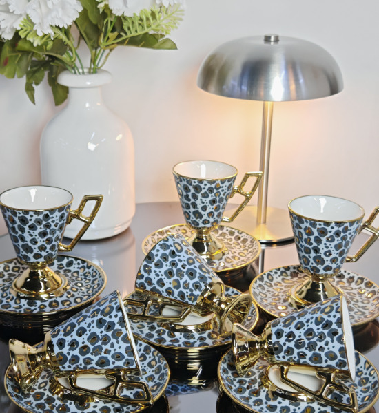 Leopar Desen  Gri Türk Kahvesi Fincan Takımı